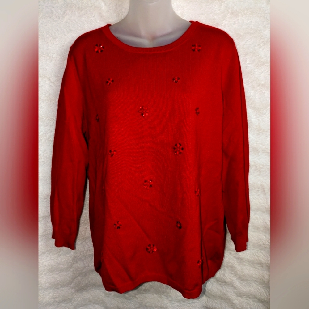 RUBY RD Red Beaded SWEATER Sz XL Flower Sequin Crew neck 🌹